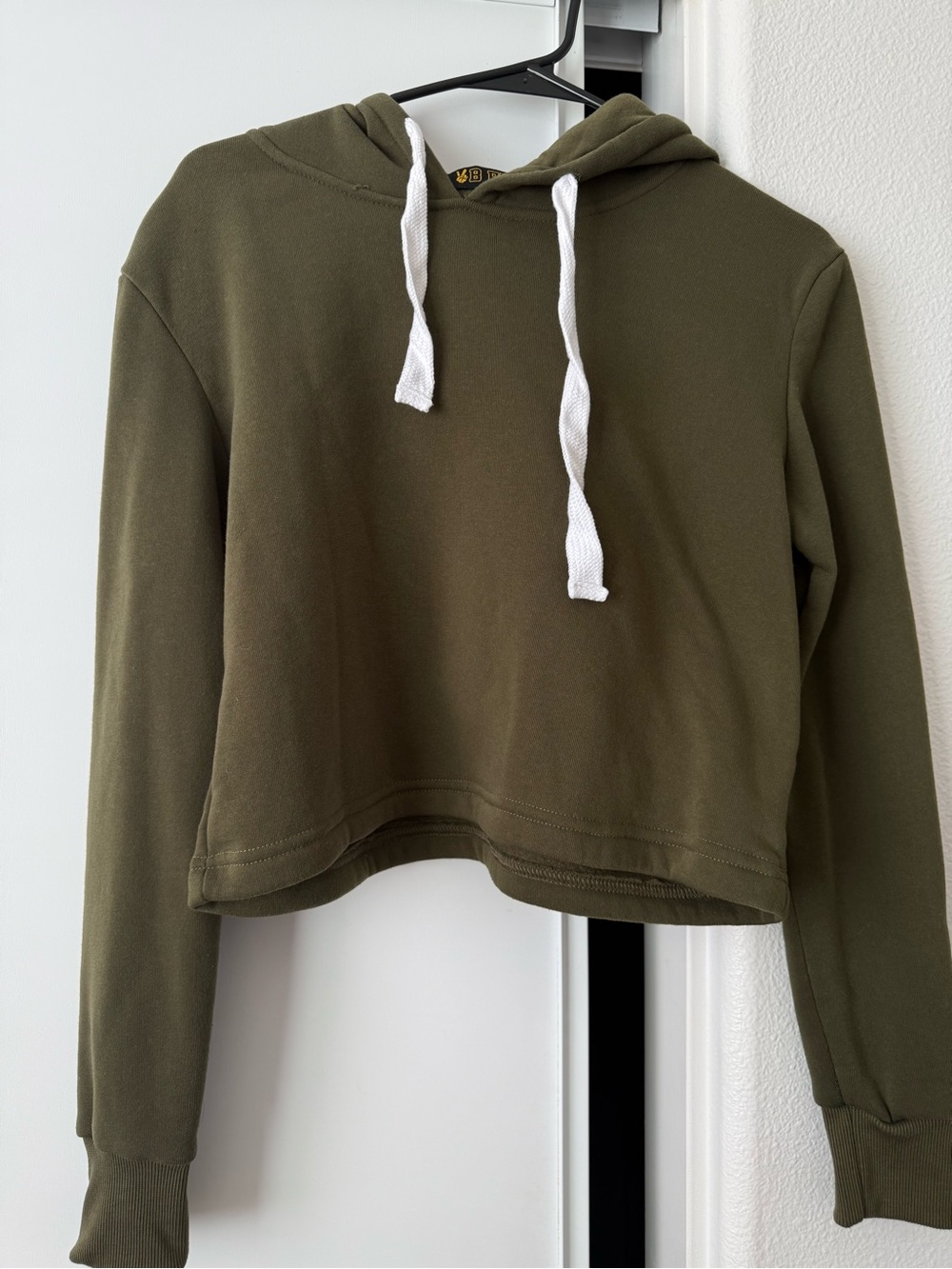 Frye Olive Green Cropped Hoodie with White Drawcords